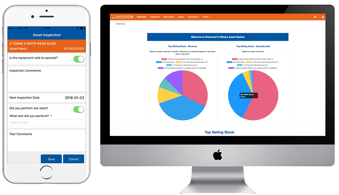 Diamond H's asset-inspection mobile application beside a desktop dashboard with stock and revenue charts.