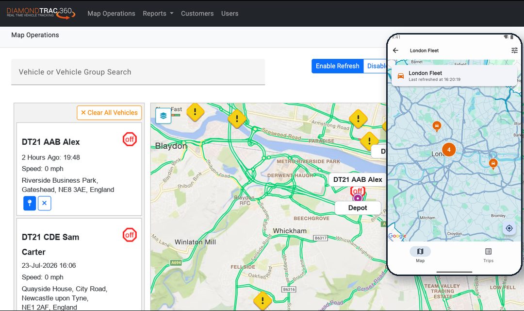 DiamondTrac360 web dashboard showing live vehicle positions on a Tyneside map, with the mobile app's live fleet map alongside.
