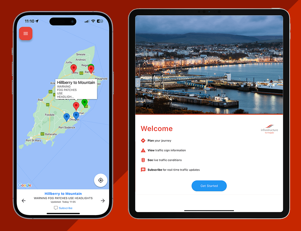 IOM Highways Pro shown on a phone and tablet, including a map of road signs and a list of live traffic services.